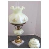 Signed & decorated Fenton lamp & a covered