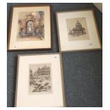 3 framed etchings- 1 signed