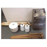Group including drying racks, tin bread box,