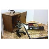 Scientific instrument in box, slides, scale, etc.