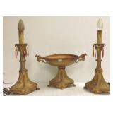 Antique ornate metal compote & 2 lamps with prisms