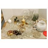 Group assorted glass salts, flower frogs, marbles,