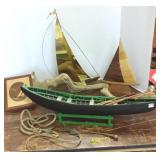 Drift boat model & 2 sailboat sculptures &