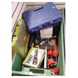 Bin of assorted hand tools, power tools, etc