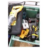 Bin of assorted power, etc tools including DeWalt