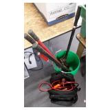 Group of tools, jumper cables, buckets, etc