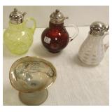 4 Victorian, etc glass items- 3 are syrup pitchers