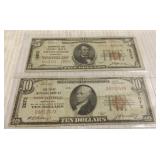 2 National currency notes- First National Bank of