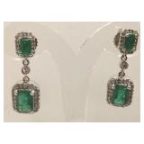 Pair 14k white gold, emerald & diamond earrings