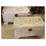 2 carved oriental motif brass trimmed trunks