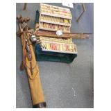 Tackle box with tackle, bamboo, etc rods & wood
