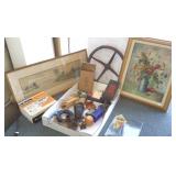 Framed pastel & oil, model A steering wheel & a