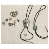 8 pieces South West silver jewelry including bolos