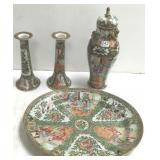 Antique 12" Rose Medallion urn, 2 candlesticks &