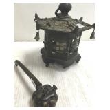 Bronze oriental brush holder & a lantern