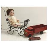 Antique bisque head doll, wire doll buggy, Lumar