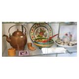 Antique copper kettle, Scandinavian wood items,