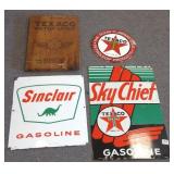 3 enameled & 1 wood oil company signs
