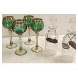 4 cut overlay goblets & 2 cut glass bottles
