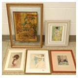 Group of framed signed watercolor portraits, etc