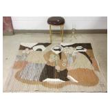 Gilt metal stool, vase on stand & a weaving