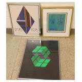3 framed geometric modern artworks