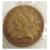 1883 - 5 dollar Liberty U.S. gold coin