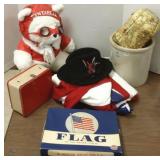 2 gallon Red Wing crock, vintage flag, hat, purse