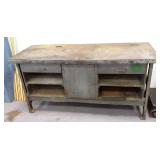Antique steel framed wooden work bench