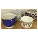 3 hand painted jardinieres & large transferware