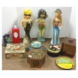 Group vintage tins & 3 chalk figures, etc