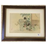 Framed signed Japanese artwork- Geisha with bonsai