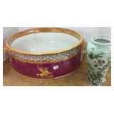 Antique porcelain foot bath & a celadon vase