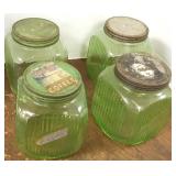 4 green depression jars