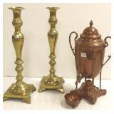 Copper samovar & 2 - 17 1/2" brass candlesticks