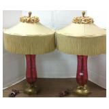 2 vintage cranberry flashed lamps with shades