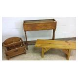 Pine bench, antique planter & a magazine rack