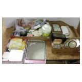 Group of vintage dresser items, perfumes, clocks,