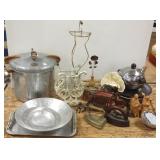 Group including metal items, wood carvings, etc.