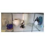 Group pottery, glass & birdcage