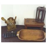 Group primitives including wooden stool & bowl
