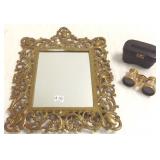 Ornate shaving mirror & pair of mother of pearl