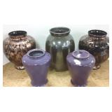 2 - 11" art glass vases, 2 Ruskin 1913 pottery