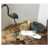 2 brass bird figures, inlaid, tray shawl, etc.