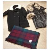 Persian lamb jacket, leather coat & wool blanket