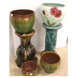 2 pottery pedestals & pottery jardinieres (some as
