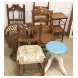 Wicker stool, group of chairs, & 2 caned foot