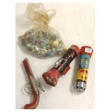 Group of vintage marbles, flashlights, etc.