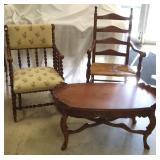 Needlepoint barley twist chair, inlaid coffee