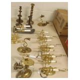 Group of antique brass candlesticks, fixtures, etc